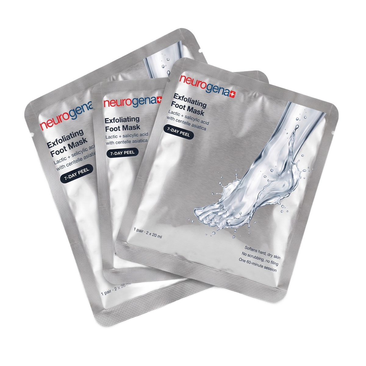 Three Neurogena exfoliating foot mask sachets fanned out