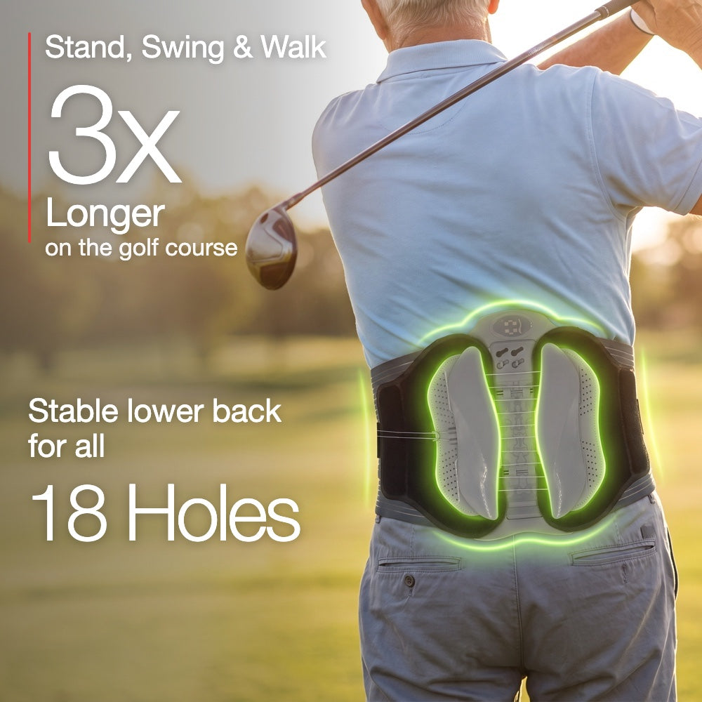 Golfer swinging while wearing the Neurogena belt - stand, swing and walk 3x longer on the golf course