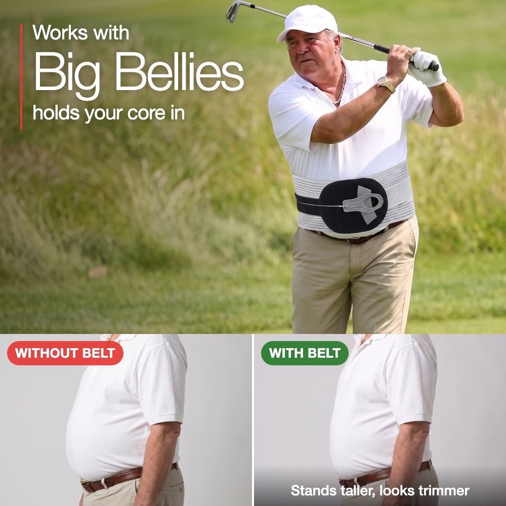 Neurogena back support belt works with big bellies — without and with belt comparison