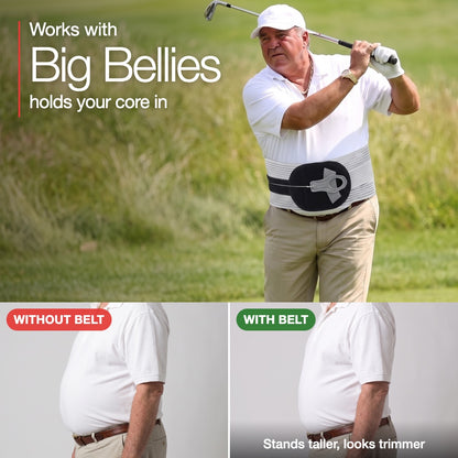 Neurogena back support belt works with big bellies — without and with belt comparison
