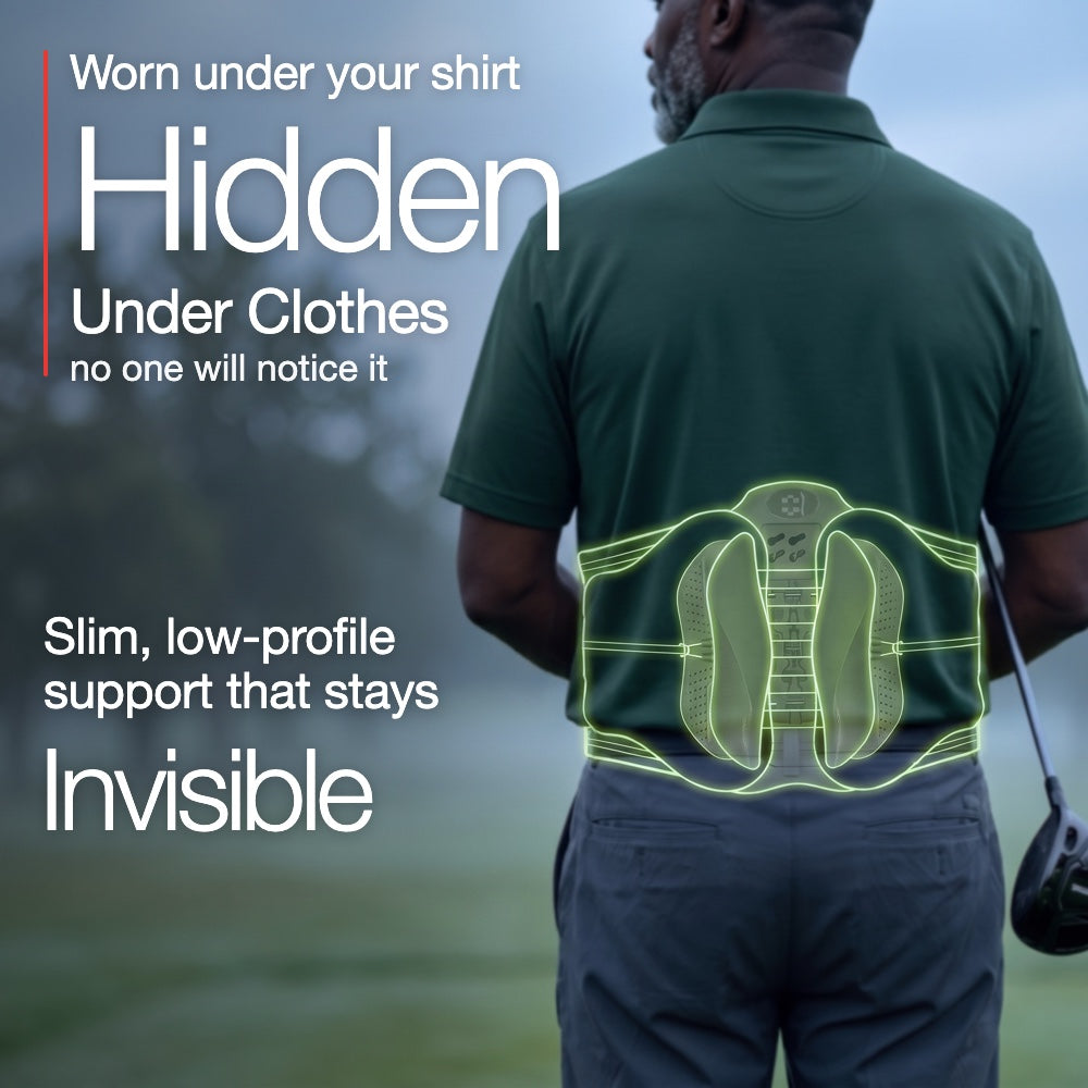 Neurogena back support belt hidden under a golfer's polo on a misty morning