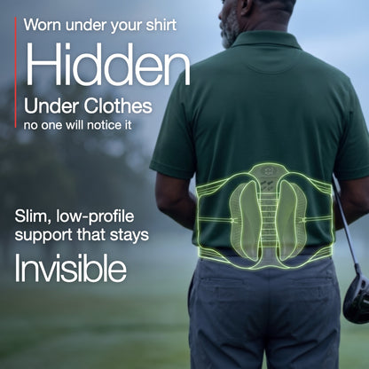 Neurogena back support belt hidden under a golfer's polo on a misty morning